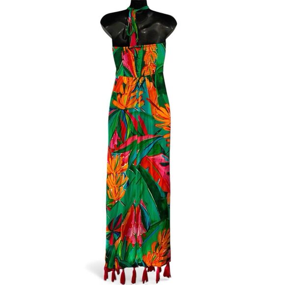 Farm Rio Anthropologie Cover-up Maxi Dress L Green Tassel Tropical Resort Beach - Picture 3 of 15